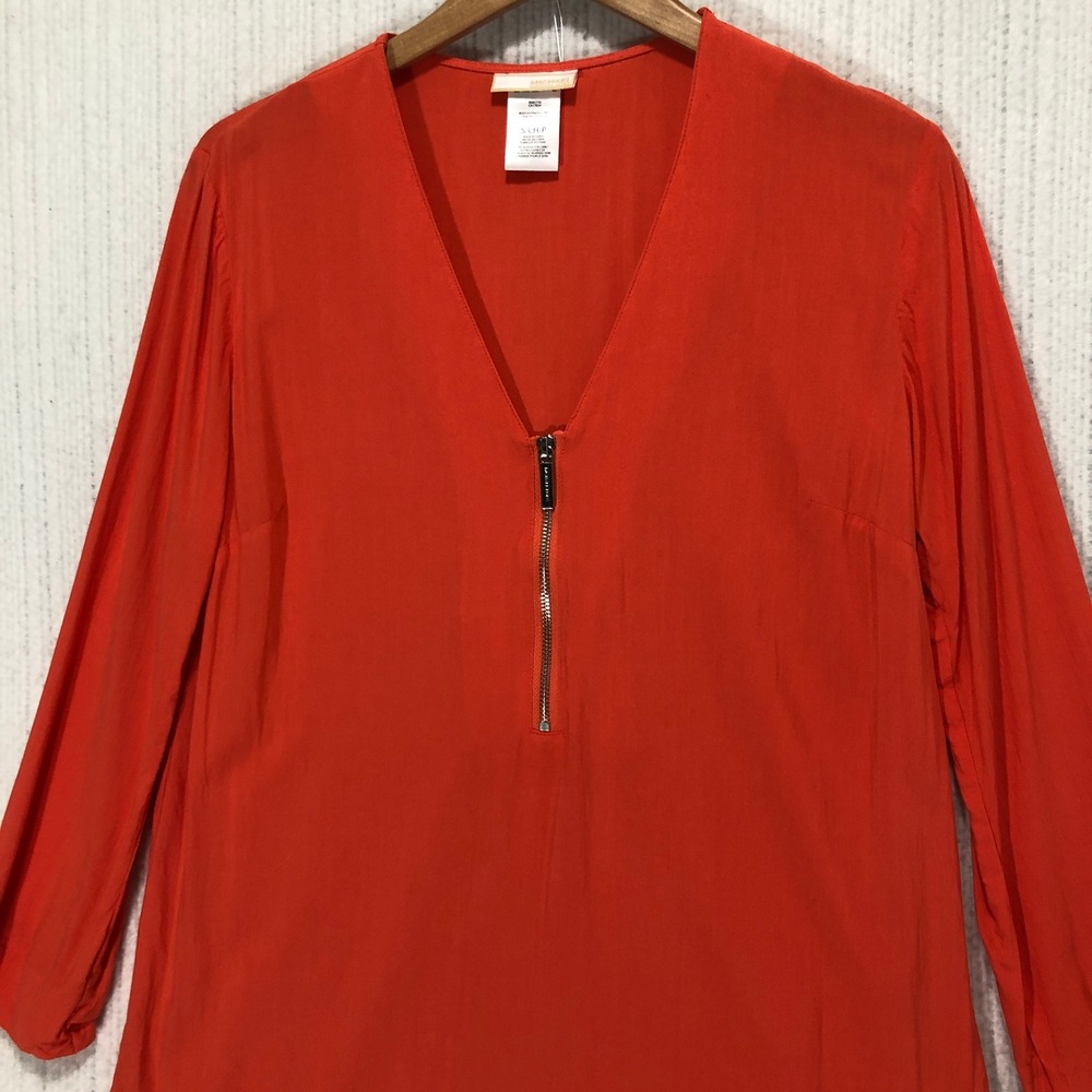 Michael Kors Orange 3/4 Sleeve Zipper V-Neck Blouse Top